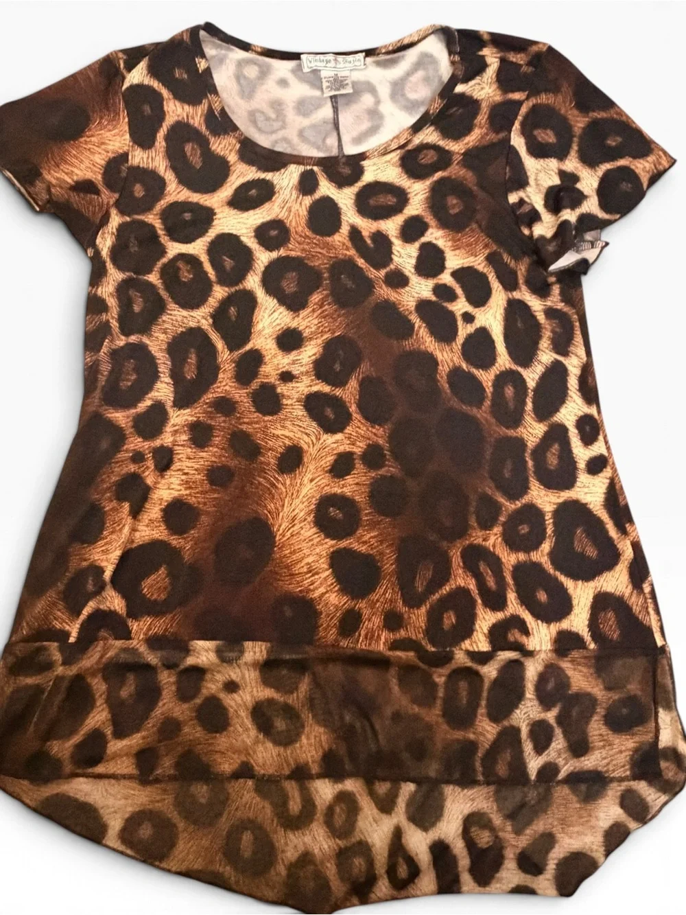 Size M) Vintage Suzie Brown Leopard Print Chiffon High-Low Tunic Top